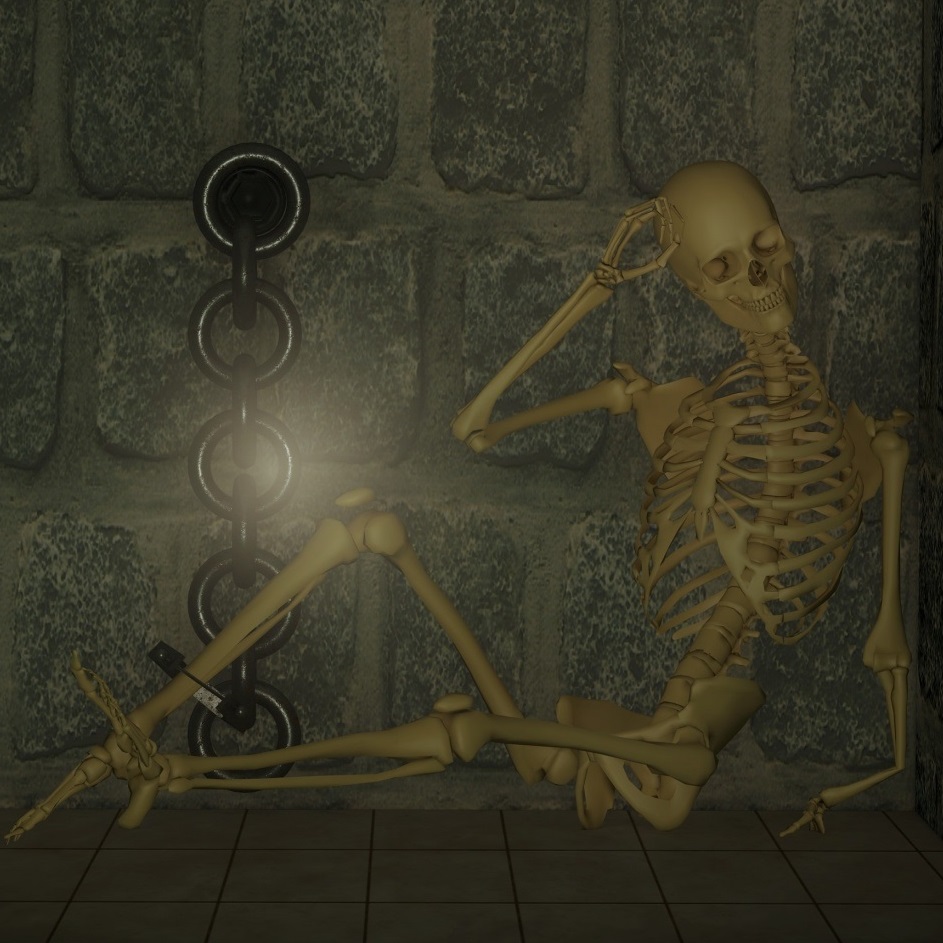 Kuva tyrmässä chillailevasta luurangosta.