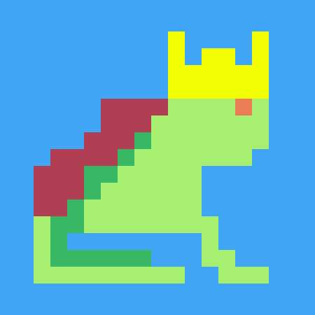 Pikselisammakko, jonka päässä on kruunu ja selässä hulmuava viitta.